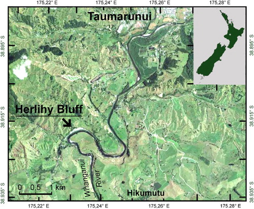 Figure 1. Location of Herlihy Bluff along the Whanganui River, southwest of Taumarunui, King Country, North Island, New Zealand. New Zealand Fossil Record Electronic Database, fossil record number S18/f0056. Basic map data from GoogleEarth.