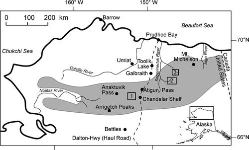 Figure 1 Northern Alaska showing extent of the Brooks Range (gray) and the three areas where moraines were mapped in the field (black boxes; [1]  =  Oolah Valley, [2]  =  Sagavinertok River valley, and [3]  =  Accomplishment Creek valley).
