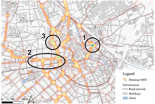 Figure 5. Density map (“heatmap”) of the MOS in Osnabrück (1:20,000) with focus areas Berliner Platz (1), Lotter Straße (2) and Katharinenstraße (3). Radius 30m with a maximum count of 25. (own figure based on OSM contributors. 21.06.2023).