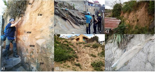 Figure 6. Geological features of the study area: road cut showing an example of different granite weathering products (a); fresh granite (on the bottom) and limited granite (on the top) (b); laterite terrace slope cut for housing (c); eluvial–colluvial cover mixed with rubbish on vegetated slope (d); detail of heterogeneous slope deposits (e).