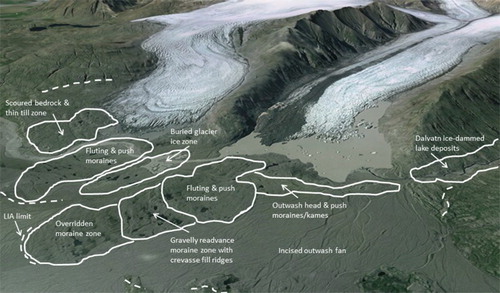 Figure 14. Oblique Google Earth view across the Heinabergsjökull/Skalafellsjökull foreland showing the main components of the active temperate piedmont lobe and outwash head landsystem.