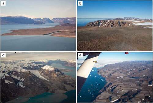 Figure 2. Glacial landscapes in Northeast Greenland. (a) Hvalrosodden in the foreground with deeply incised fjords (Mørkefjord) and plateau-like mountains in the background. (b) Blockfield on Store Koldewey. (c) Alpine topography and deep fjords in the inner parts of Kong Oscars Fjord. (d) Ice-scoured bedrock in front of Storstrømmen Isstrøm.