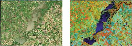 Figure 4. Hungarian lake on Tisza River, May 2018, Sentinel-2 satellite imagery in true colour and false-coloured infrared