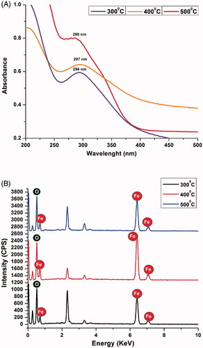 Figure 6. (A) UV absorption spectra of biogenic IONPs at 300, 400 and 500 °C (B) EDS spectra.