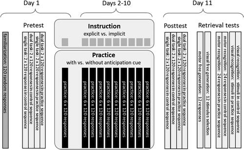 FIGURE 3. Depiction of the experimental design. For a detailed description of the Pretest and the Posttest see Table 2. Note that Instruction and Practice differed between participants according to their group assignment.