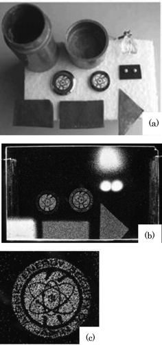 Figure 3 (a) Photograph of various specimens: from the upper left, lead container and its cap, uranium glass, two emblems of the Atomic Energy Society of Japan, two monazite balls and three different lead plates. (b) Macro-autoradiograph of (a) obtained for two-month exposure. (c) Enlarged image of one of the emblem, in which letters can be read