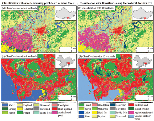 Figure 11. The spatial comparison between before and after fine classification in two typical regions. The (a) and (c) were classifications with 6 wetlands using pixel-based random forest, and the (b) and (d) were classifications with 10 wetlands using object-based hierarchical decision tree. The (a)-(b) were a typical region in GBGEZ, and the (c)-(d) are typical region in GBA.