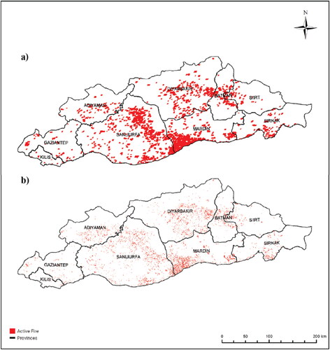 Figure 7. FIRMS active fire data of the study region for 1 March–30 November 2019 period (a) Modis based active fire data (b) VIRS based active fire data (URL 14).