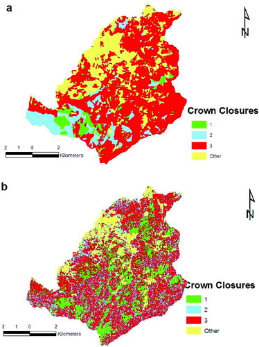 Figure 3. Crown closure map produced from (a) forest cover type map and (b) Landsat TM image.