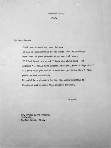 Figure 2 Ludwig Mies van der Rohe, letter to Frank Lloyd Wright, 25 November 1947. Credits: Ludwig Mies van der Rohe papers, Box 60, Folder “Wright, Frank Lloyd 1944–1969.” Manuscripts Division, Library of Congress, Washington, DC.