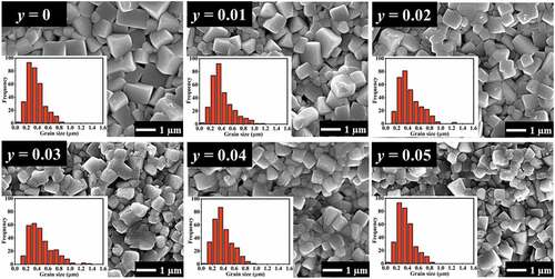 Figure 3. SEM micrograph and histograms of the grain size distribution of the (1-y)[0.995BNKT- 0.005LN]-y[BST] ceramics.