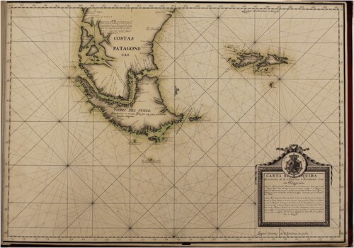 Fig. 5. Chart of Southern Patagonia and Tierra del Fuego, 1796, from the Atlas maritimo, LOC. 50 × 70 cm. The chart is primarily based on James Cook’s chart of South America published in A Voyage Towards the South Pole, and Around the World (London: W. Strahell and T. Cadell, 1777).