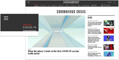 Figure 11. Fast Company quickly created a section of COVID-19 to inform the audience of the latest information and provide a transparent communication channel to express ideas (source: Fast Company).