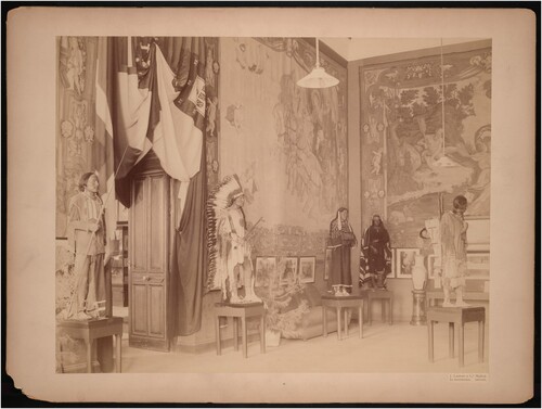 Figure 2. USNM ethnology displays at the Columbia Historical Exposition in Madrid, Spain (1892–1893). Image shows five individual mannequins, including the central one of Rosa White Thunder created by U. S. J. Dunbar. Smithsonian Institution Archives, Record Unit 95, Box 64, Folder 02, Image No. SIA_000095_B64_F02_003