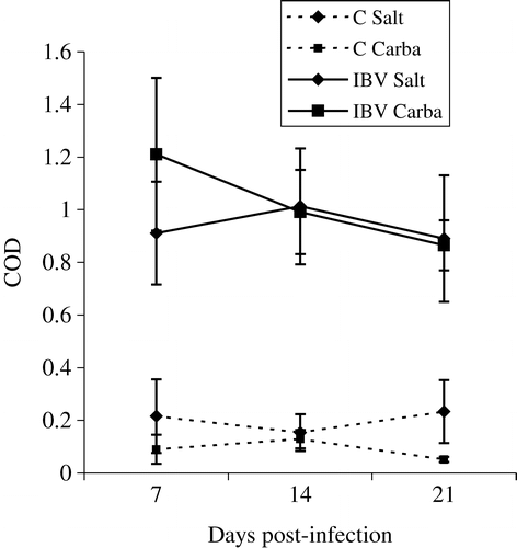 Figure 1. IBV-specific IgA in tears induced after salt application or carbachol injection, and collected using pipette tips. No significant differences between the groups.