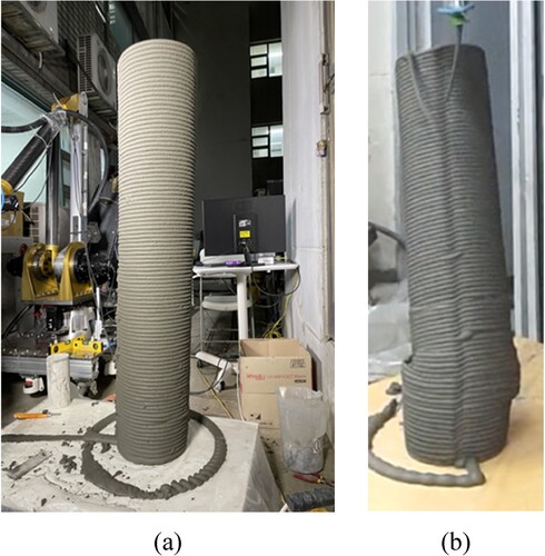 Figure 9. Buildability tests using set-on-demand mixture: (a) successful printing with the building rate of 2.57 m/hr, (b) elastic buckling failure at the building rate of 5.14 m/hr.
