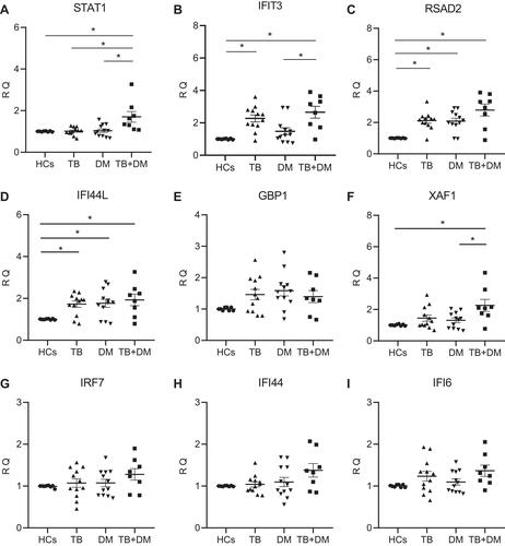 Figure 4 Relative expression of hub genes including (A) STAT1, (B) IFIT3, (C) RSAD2, (D) IFI44L, (E) GBP1, (F) XAF1, (G) IRF7, (H) IFI44L, and (I) IFI6 as measured by reverse transcription-quantitative polymerase chain reaction (RT-qPCR). RQ represents relative quantification values; *Represents P-value <0.05.