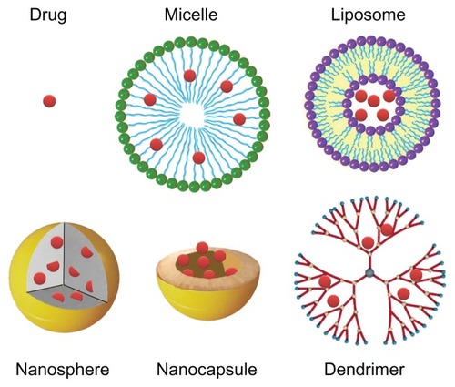 Figure 2 Schematic representation of different particulate systems for drug transport and delivery.Notes: Some of these systems include self-assembling molecules, such as liposomes and micelles, while others are based on nonreversible organic or inorganic structures, such as nanospheres, nanocapsules, and dendrimers.