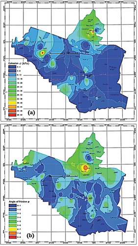 Figure 5. Shear strength parameters; (a) cohesion, c, and (b) angle of friction, φ.