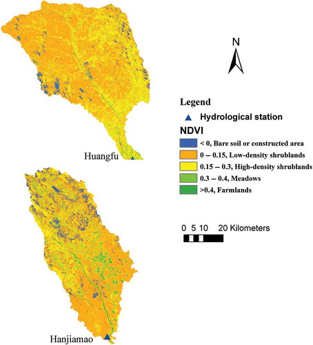 Fig. 11 Distribution of NDVI in the Hailiutu and Huangfuchuan catchments, 10 July 2010.