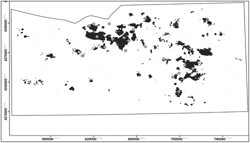 Figure 6. Favourability map for Cu porphyry mineralization. Black areas are favourable (combined fuzzy favourability value > 0.5) and white areas are unfavourable (combined fuzzy favourability value < 0.5). Small grey circle are “discovered” Cu porphyry and Au ephithermal deposits.