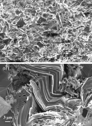 Figure 2. Typical SEM image of a fracture surface of a HPed (Cr,Mn)2AlC sample with an initial Cr:Mn ratio of 1.8:0.2 at (a) low magnification and (b) higher magnification. Kinking and delamination of MAX phase grains are obvious in (b).