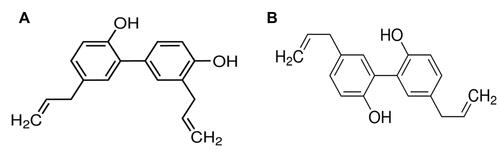 Figure 1 Chemical structures of (A) honokiol and (B) magnolol.