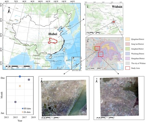 Figure 1. The study areas in the city of Wuhan, Hubei province, China.