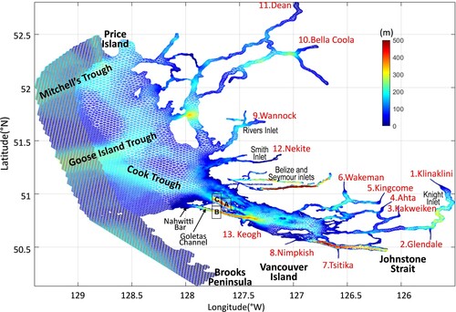 Fig. 2 Model mesh and bathymetry (depths greater than 500 m in dark red). The location of the 13 rivers included in the model is shown, as well as geographical features mentioned in the text. The greyed area along the western boundary marks the nesting zone. Mooring sites in central Queen Charlotte Strait (LBA-1a and LBA-1b) and Goletas Channel (LBB) are marked with letters A, C, and B, respectively.