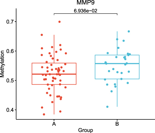 Figure 6 The difference in MMP9 methylation levels between group A and group B. The MMP9 gene was relatively hypomethylated in group A.