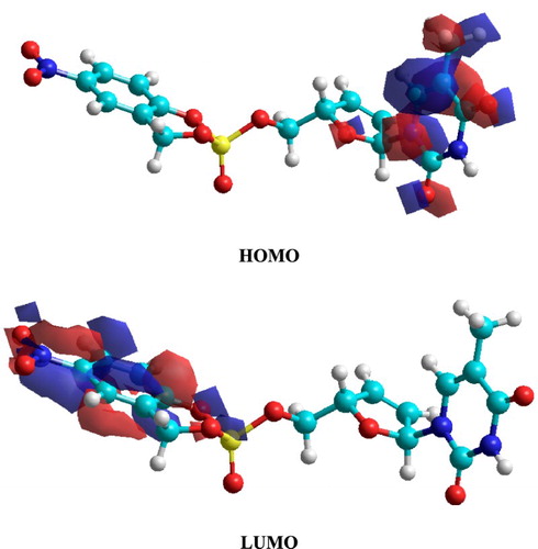 Figure 20. The isosurfaces of frontier molecular orbital density distributions for C17H16N3O9P molecule obtained using PM3 method.