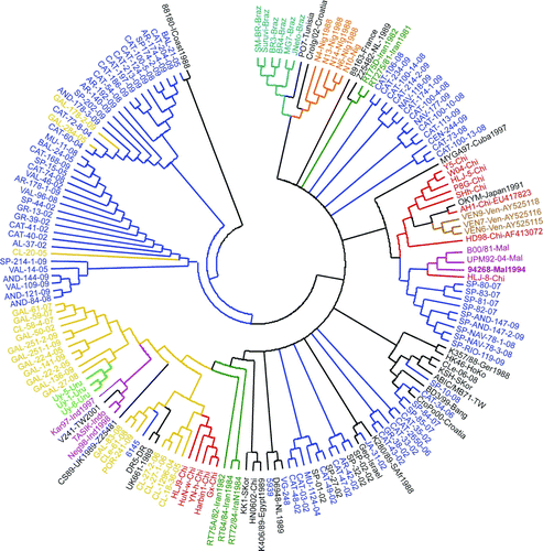 Figure 5.  Circular neighbour-joining tree based on 102 Iberian and 65 global vvIBDV nucleotide sequences. Colours indicate different geographic origins.