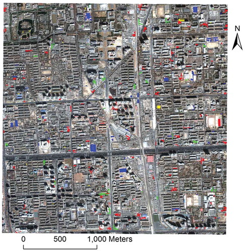 Figure 9. Results of change detection from GIS data to VHR imagery. Red polygons represent correct detections of increased buildings from GIS data to VHR imagery, green false alarms of increased buildings, blue correctly detected destroyed buildings, and yellow false alarms of destroyed buildings.