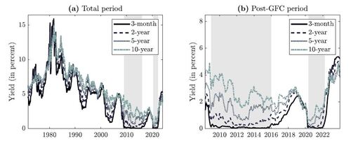 Figure 2 Time series of U.S. government bond yields (in percentage points) with shaded ZLB periods. Panel (a) shows the full sample-period, while panel (b) zooms in on the period after the Global Financial Crisis (GFC).