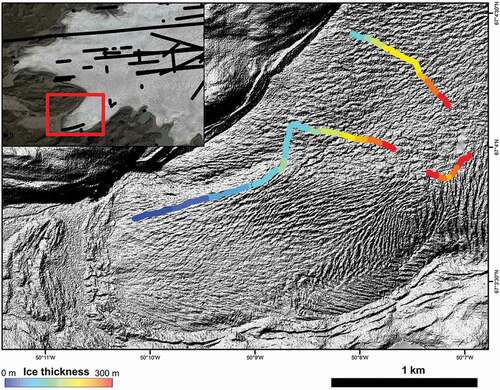 Figure 3. Location map of radar data acquisition, Leverett Glacier. Ice thickness shown as colored points, with hillshaded ArcticDEM to illustrate surface roughness and crevassing. Inset shows existing airborne ice-penetrating radar survey lines acquired by CReSIS/Operation IceBridge across the Russell and Leverett Glaciers. Red box shows extent of primary map