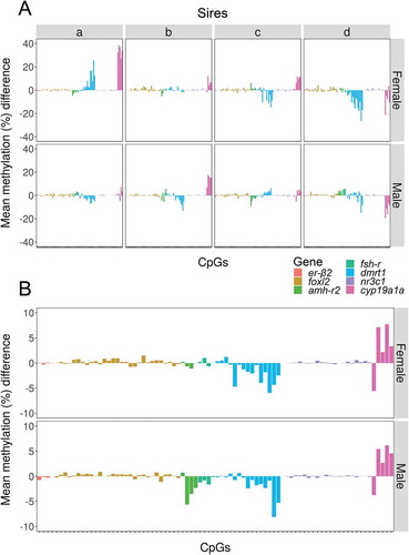 Figure 7. Methylation differences between high and low temperature in individual CpGs. Mean methylation difference in individual CpGs of the seven genes analyzed between the offspring reared at high vs. low temperature according to sex. Information is provided individually for sires a–d (a) and independently of sire (b). Data are shown as the difference of the mean methylation of individual fish reared at high temperature minus the mean methylation of individual fish reared at low temperature.