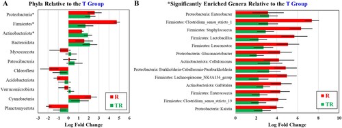 Figure 6. ANCOM-BC of differential abundances log fold change (LFC) of bacterial (A) top phyla (with *statistically higher for both R and TR groups), and (B) statistically-elevated genera of R and TR groups compared to the T group, sorted based on relative abundance to the R group.