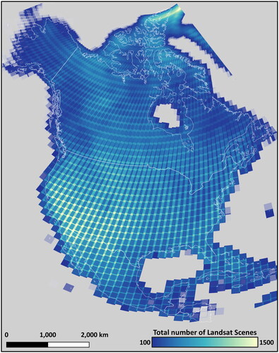 Figure 6. Spatial distribution of Landsat data with cloud coverage less than 20% over North America between 1982 and 2022.