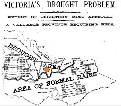 FIGURE 3. ‘Victoria’s Drought Problem’. (Bendigo locality indicated by inserted brown circle.) Source: The Argus. 15 October 1902, 6.