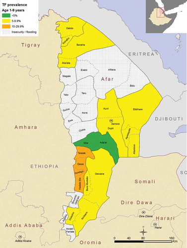 Figure 2. Prevalence of trachomatous inflammation–follicular (TF) in children aged 1–9 years, Global Trachoma Mapping Project, Afar, Ethiopia, 2013.