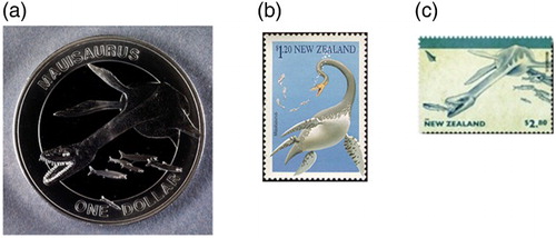 Figure 1. A, Commemorative coin and B, C, postage stamps bearing an image of Mauisaurus.