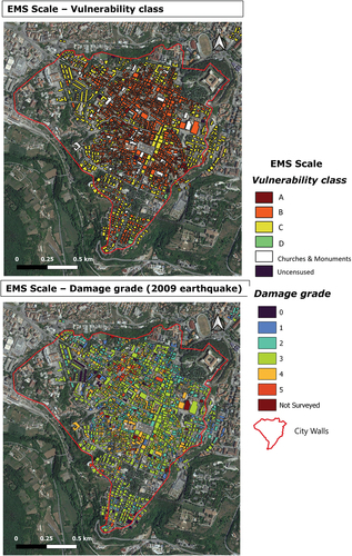 Figure 2. The map on the left displays the vulnerability classification of buildings, while the one on the right illustrates the damage grade resulting from the 2009 earthquake in the historic center of L’Aquila. These maps are the outcome of a detailed building survey carried out by (Tertulliani et al. Citation2011) following the criteria of the EMS98 (Tallini et al. Citation2019). For a detailed explanation of the vulnerability classes and damage grades, please refer to Tables 1 and 2, respectively.