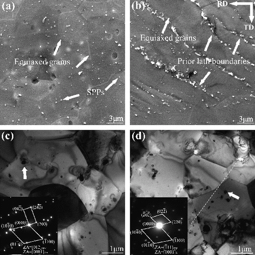 Figure 4. SEM and TEM images for (a) and (c) Group A-HR, and (b) and (d) Group B-HR. The insets are the SADPs of SPPs which are indicated by white arrows in (c) and (d).