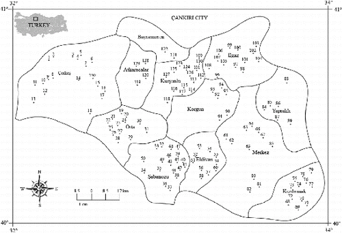 Figure 1. Total of 130 sampling sites in Çankırı province. See Supplemental data for more details.
