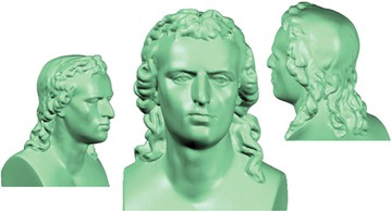 Figure 8 Different views of the 3-D scanning results of the “Schiller” bust (plaster bust, approximately 220 mm × 210 mm × 290 mm, 17 views).