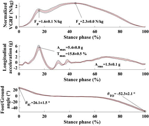 Figure 2. Average (red line) and standard deviation (black line) of the normalized VGRF, longitudinal acceleration and foot/ground angle during the ten stance phases collected during one measurement session. Gated parameters were reported on the curves.