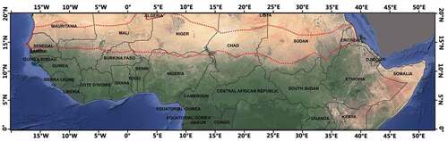 Figure 1. The study area: the northern Equatorial Africa and Sahel region (shown by Google Earth Image). The Sahel region, defined by precipitation gradient, is shown by the red dashed area.