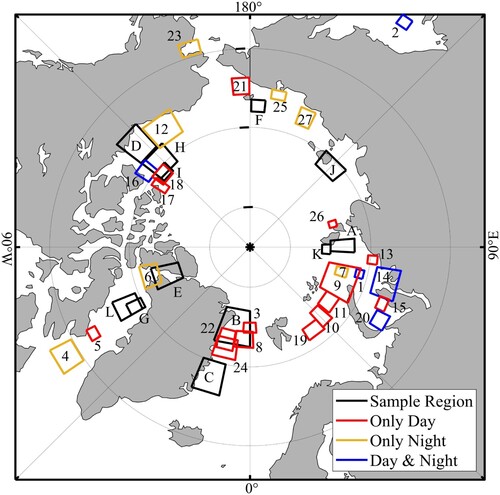 Figure 1. Geolocations of the MODIS images. Regions A∼L represent the 12 sample regions, whereas regions 1∼27 indicate the corresponding evaluation regions.