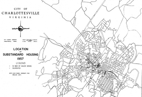 Figure 12. Although this map in the 1959 master plan deploys data from the 1951 survey, the survey zone is omitted, implying that other areas are entirely without substandard structures. HBA, (Atlanta, GA: HBA, Southeastern Office, May 1959). (Image in the public domain.)