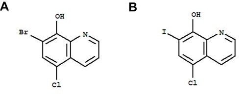 Figure 1 Chemical Structure of (A) CLBQ14 and (B) Clioquinol. CLBQ14 and CQ are congeners of 8-hydroxyquinoline that differ from each other only by the halogen at position C7.
